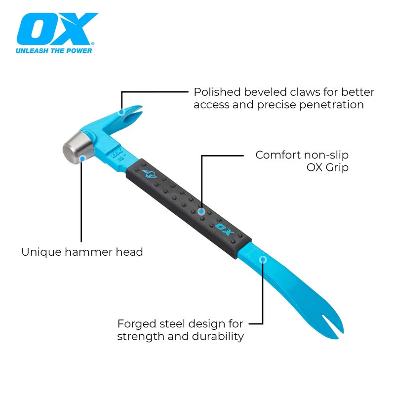OX Tools Unique Hammer Head 12" Pry Bar - Multi-Functional Tool with Cats Paw, Crowbar | Rubber Grip, Polished Beveled Claws - Forged Steel Design for Strength and Durability - Image 2
